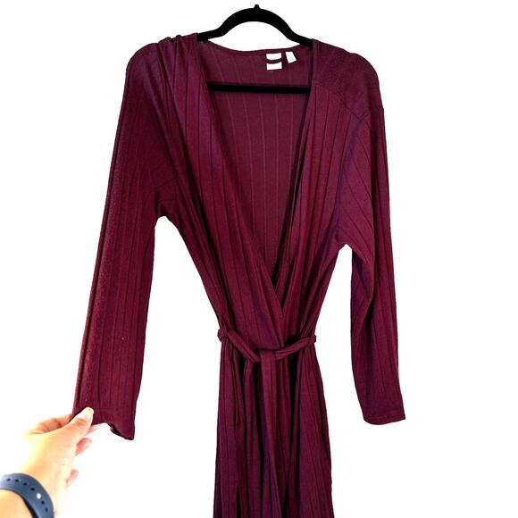BP Nordstrom Womens Ribbed Lightweight Robe with Waist Tie Belt Burgundy XS Cozy - Picture 3 of 11